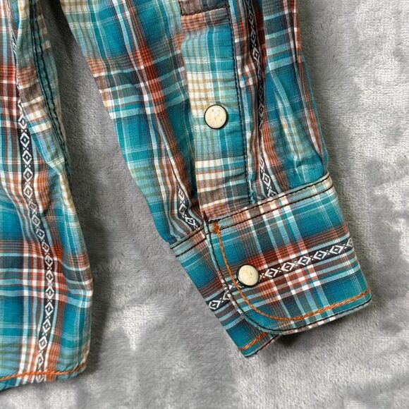 Rough Stock Panhandle Slim Shirt Mens Medium Pearl Snap Turquoise Brown Plaid - Picture 6 of 14
